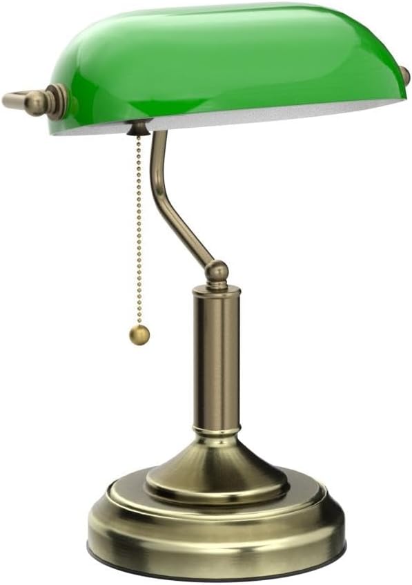 TORCHSTAR Green Glass Bankers Desk Lamp with Pull Chain, E26 Base