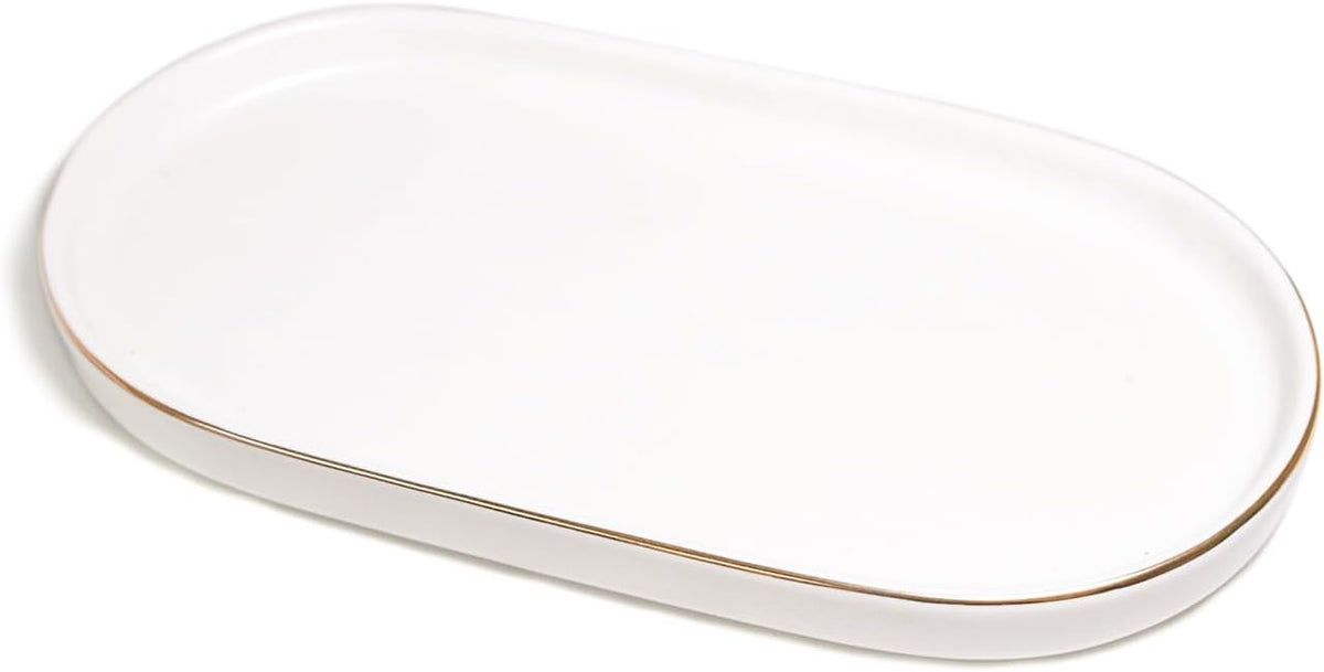 Ceramic Jewelry Dish, Perfume Vanity Tray, 7x4 Decorative Catch All Bowl for Trinket Key Ring, Small Bathroom Counter Tray, Soap Tray for Kitchen Sink (White)