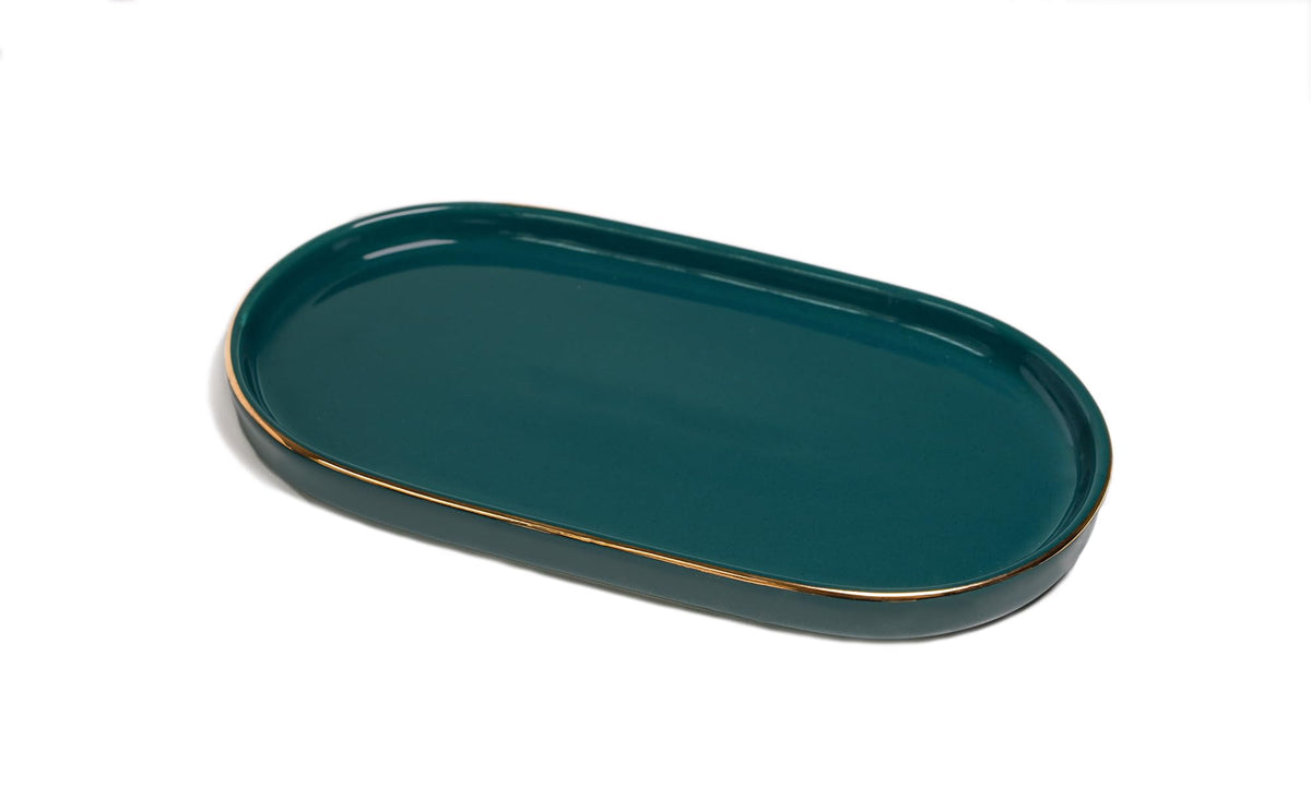 Ceramic Jewelry Dish, Perfume Vanity Tray, 7x4 Decorative Catch All Bowl for Trinket Key Ring, Small Bathroom Counter Tray, Soap Tray for Kitchen Sink (White)