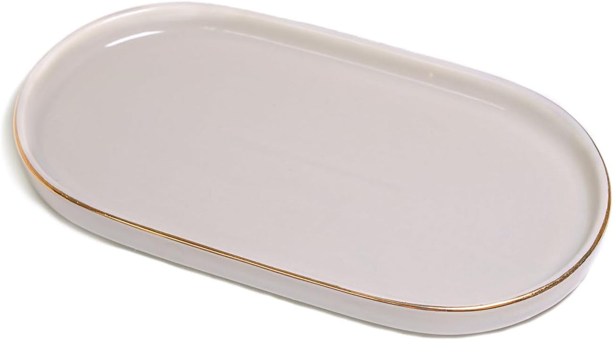 Ceramic Jewelry Dish, Perfume Vanity Tray, 7x4 Decorative Catch All Bowl for Trinket Key Ring, Small Bathroom Counter Tray, Soap Tray for Kitchen Sink (White)