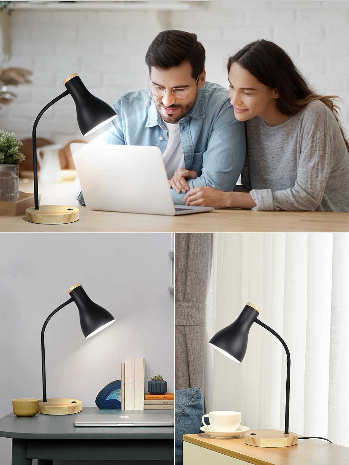 LALISU Metal Desk Lamp Table Lamp Reading Lights Arc Desk Lamps Wood Base