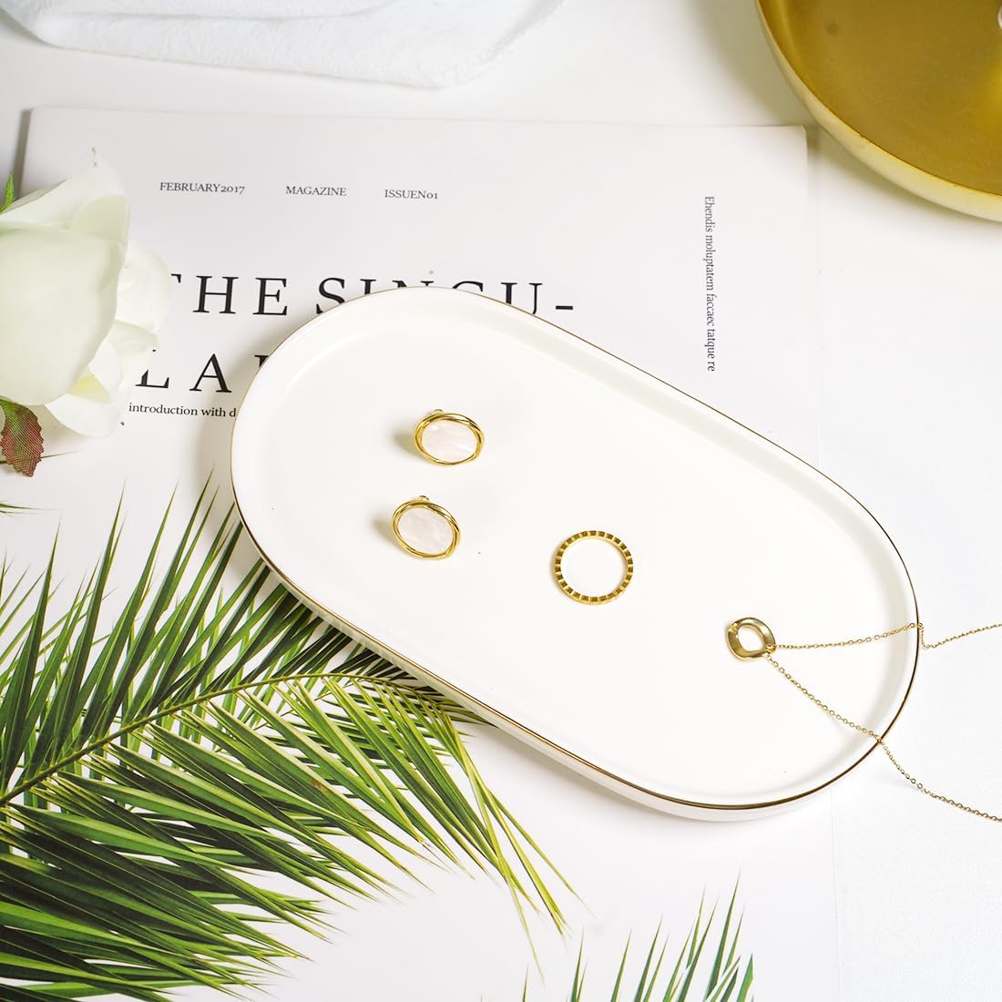 Ceramic Jewelry Dish, Perfume Vanity Tray, 7x4 Decorative Catch All Bowl for Trinket Key Ring, Small Bathroom Counter Tray, Soap Tray for Kitchen Sink (White)