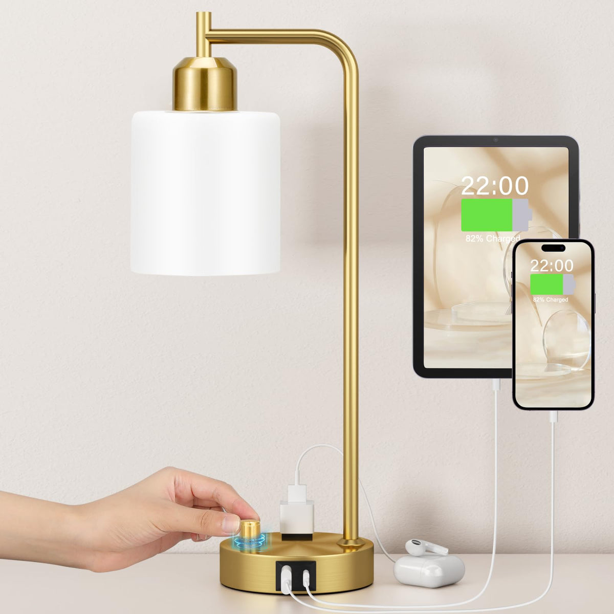 Industrial Desk Lamp, Fully Dimmable Small Bedside Table Lamp, Black, USB C