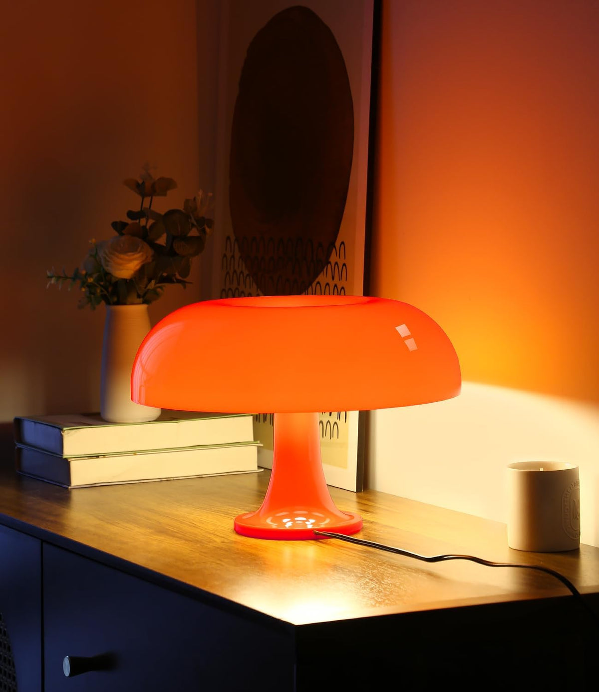 Orange Mushroom Lamp, Mid Century Modern Table Lamp for Bedroom, Minimalist Mushroom Decor Bedside Small Lamps, 2700K(Bulb Included, Plug Powered)