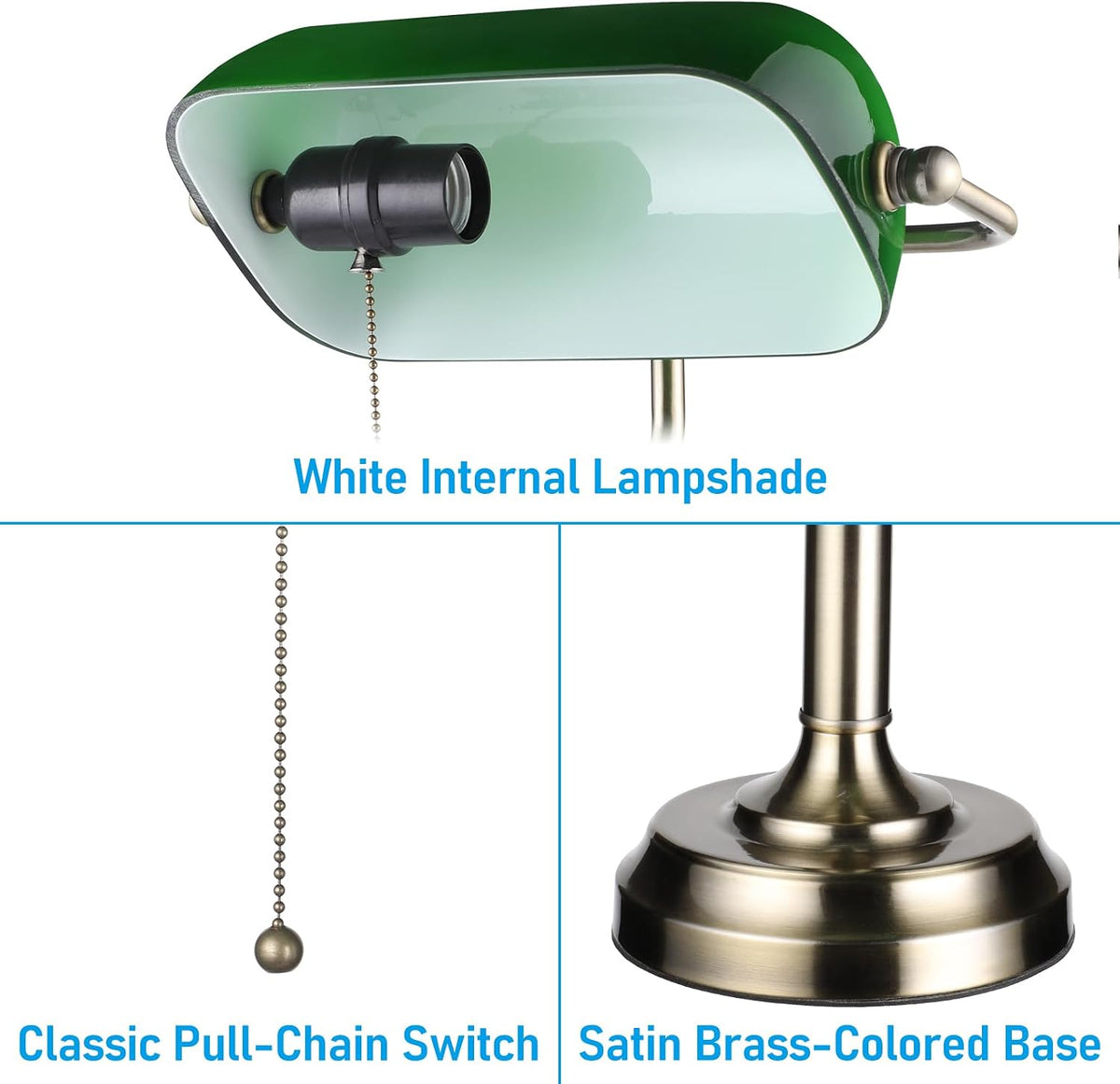 TORCHSTAR Green Glass Bankers Desk Lamp with Pull Chain, E26 Base