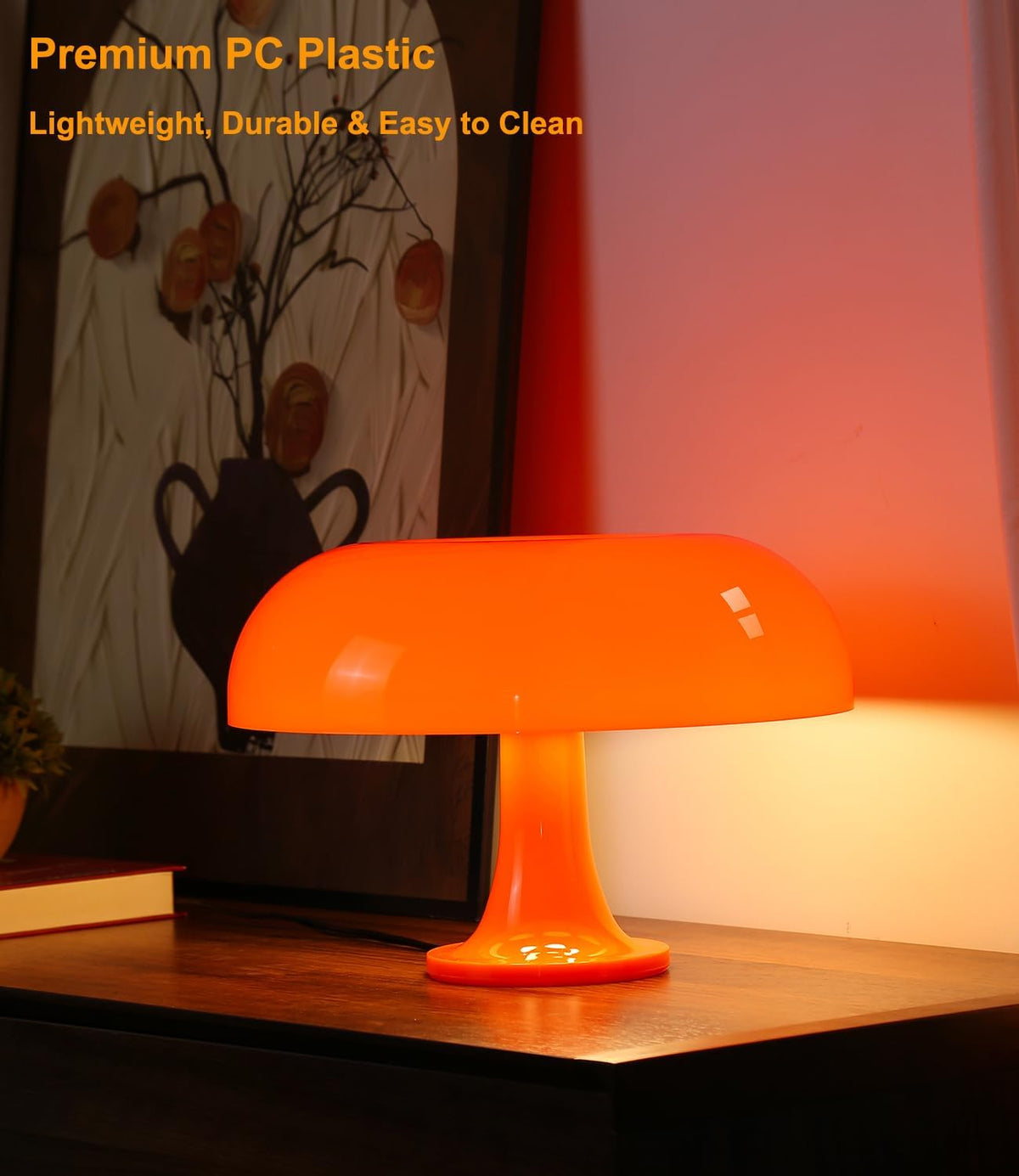Orange Mushroom Lamp, Mid Century Modern Table Lamp for Bedroom, Minimalist Mushroom Decor Bedside Small Lamps, 2700K(Bulb Included, Plug Powered)
