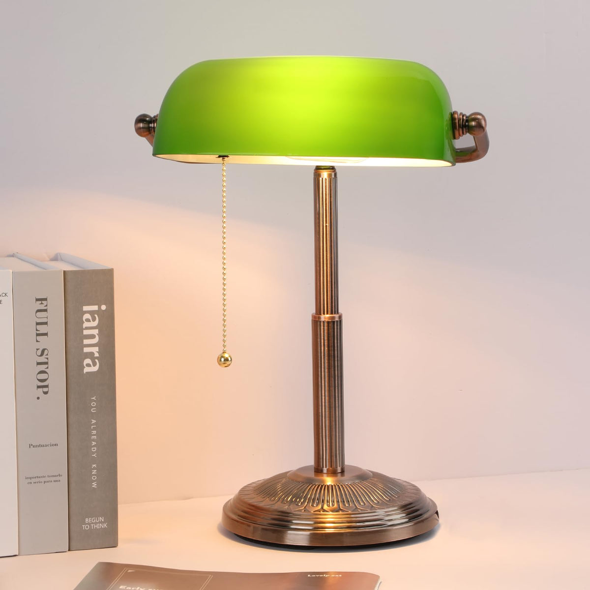 LINNMON Bankers Desk Lamp, Pull Chain Switch (Copper+Green)