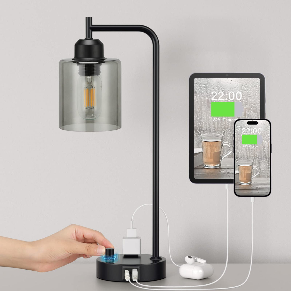 Industrial Desk Lamp, Fully Dimmable Small Bedside Table Lamp, Black, USB C