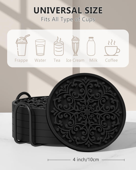 Drink Coasters, Coasters Set of 6 with Holder, Non-Slip Silicone Cup Mat