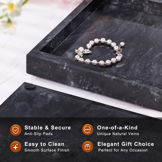 Marble Bathroom Tray for Countertop & Home Decor, Natural Decorative Marble Tray for Jewelry & Perfume Organizer, Luxury Stone Vanity Trays for Dresser, Kitchen Counter, 12" x 8", Gray Black