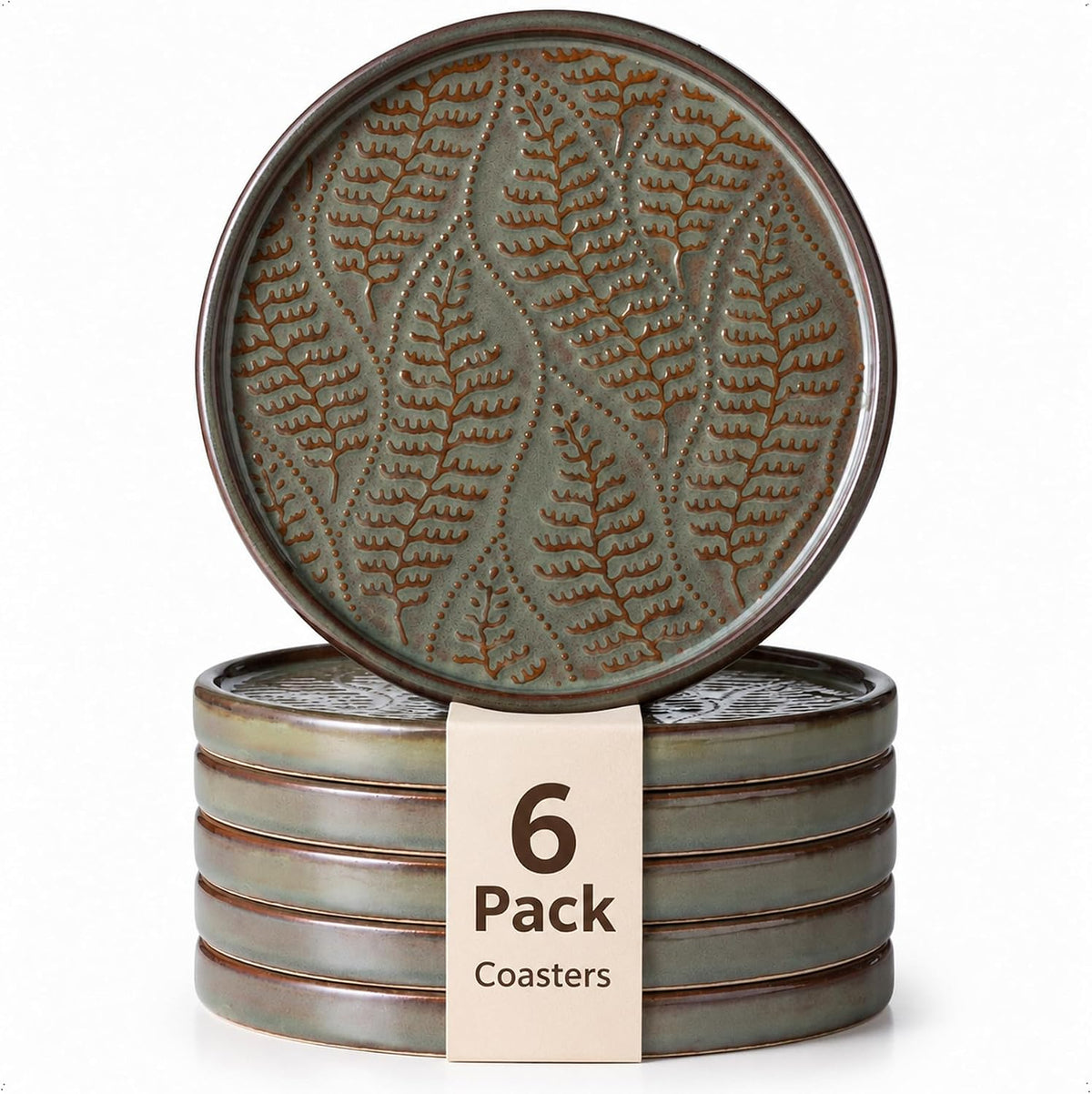 Drink Coasters, Ceramic Coasters for Drinks, 6 Pack, Green