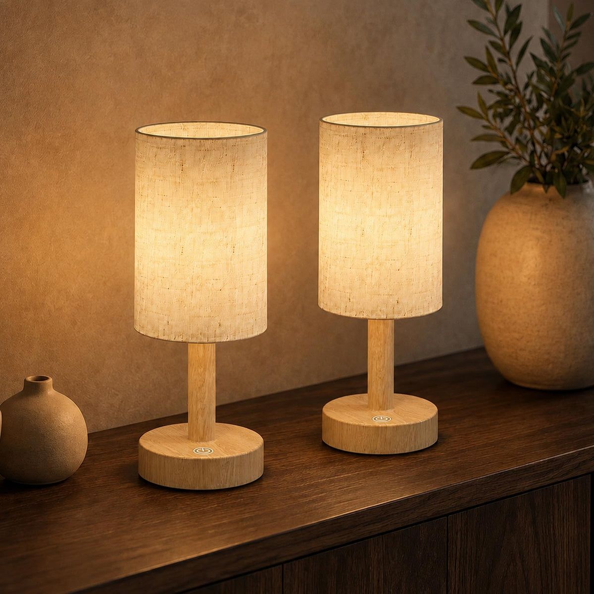 Small Rechargeable Cordless Table Lamp, Nightstand to Desk, Dark Walnut