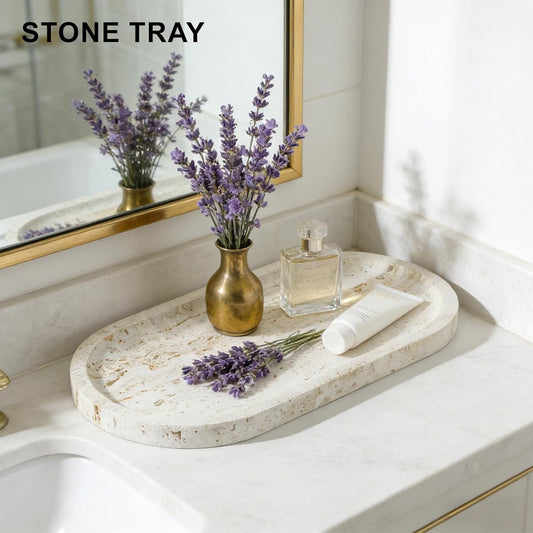 Natural Travertine Marble Tray, Bathroom Dresser Tray for Countertop, Decorative Dish Organizer for Jewelry, Toiletries, Cosmetics, Incense, Candles