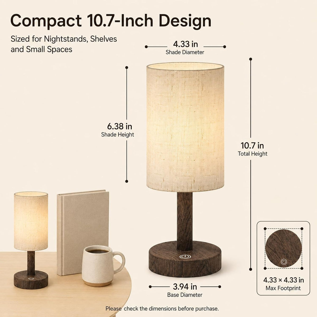 Small Rechargeable Cordless Table Lamp, Nightstand to Desk, Dark Walnut