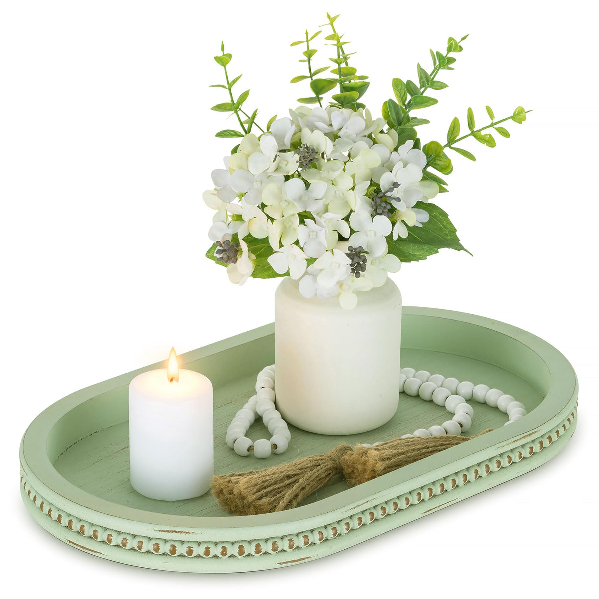 Hanobe 15" Sage Green Decorative Trays for Coffee Table Decor, Beaded Edge