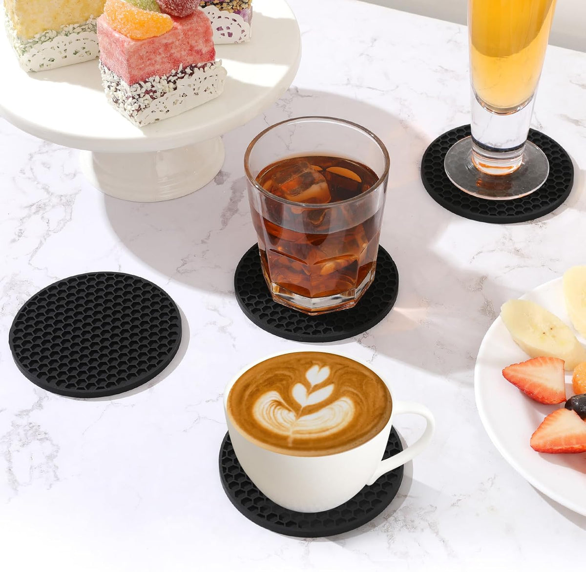TWTLi 8-Pack Silicone Drink Coasters with Holder, Non-Slip Coaster Set for Coffee Table, Kitchen & Office, Protect Furniture from Water Rings, Heat & Spills, Black