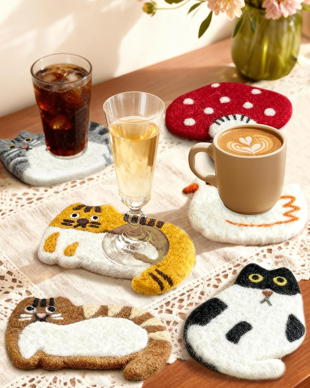 Cute Wool Cat Coasters - 2 Pack Brown and Cow Cat Coasters for Desk, Heat Insulation, Moisture Absorbent, Handmade Wool Felt, for Office Home, Christmas Housewarming - Set of 2