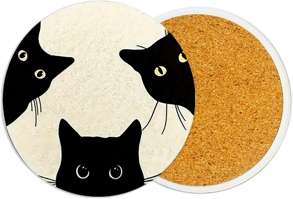 2PcsCat Ceramic Coasters with Cork Base Absorbent Cup Mat for Drinks