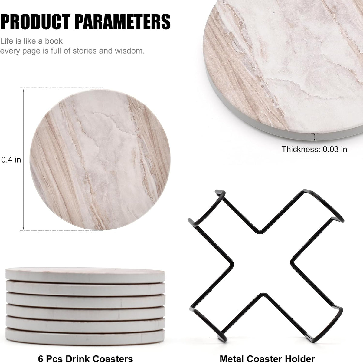 6Pcs Absorbent Coasters Set with Holder,Ceramic Drink Coaster,4 in(A1)