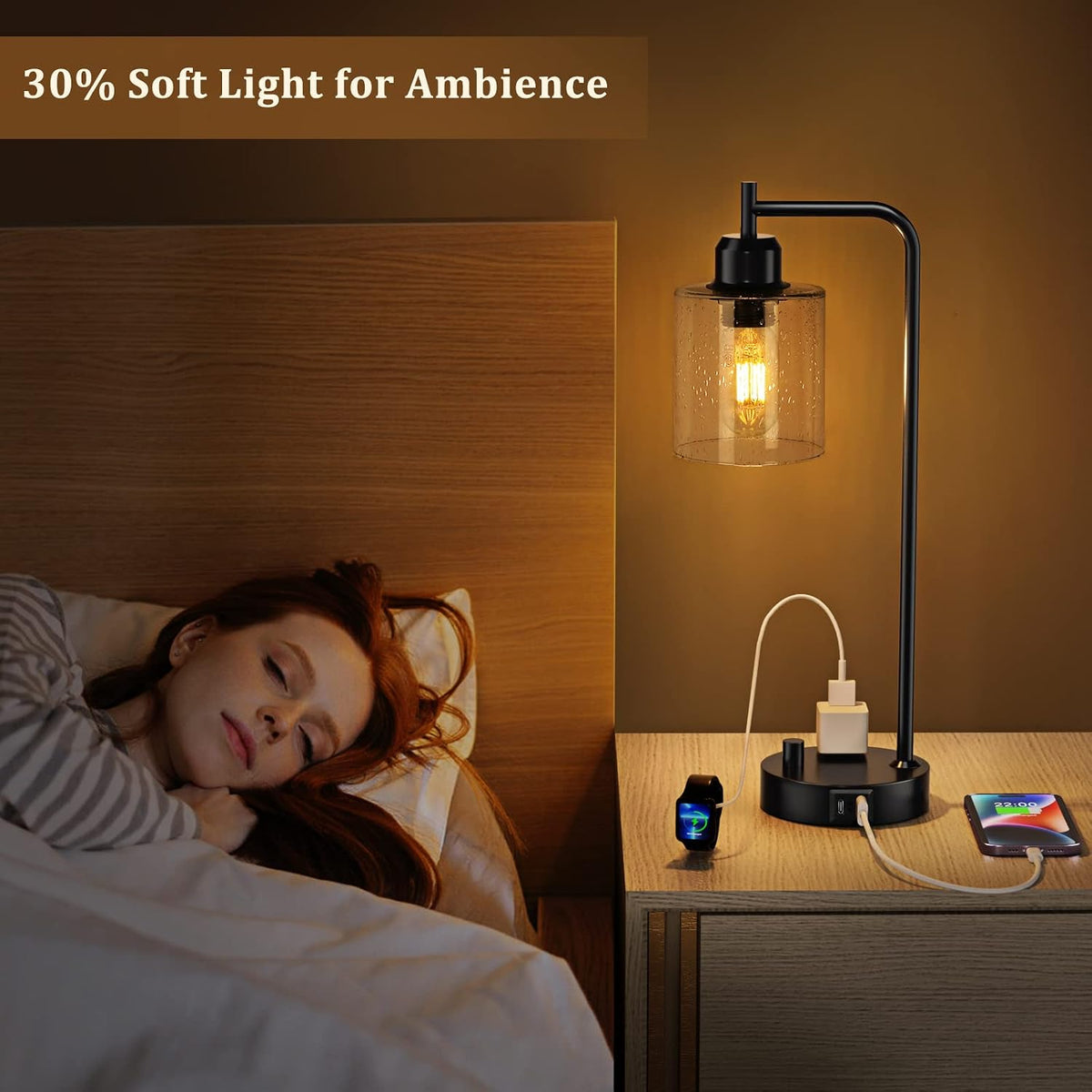 Industrial Desk Lamp, Fully Dimmable Small Bedside Table Lamp, Black, USB C