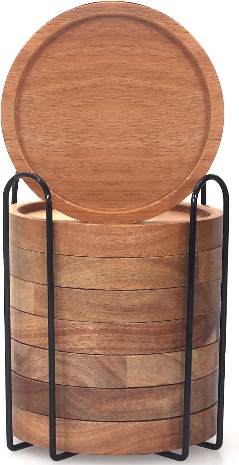 Acacia Wood Coasters Set of 8 Bar Accessories Table Decor Wooden Coaster