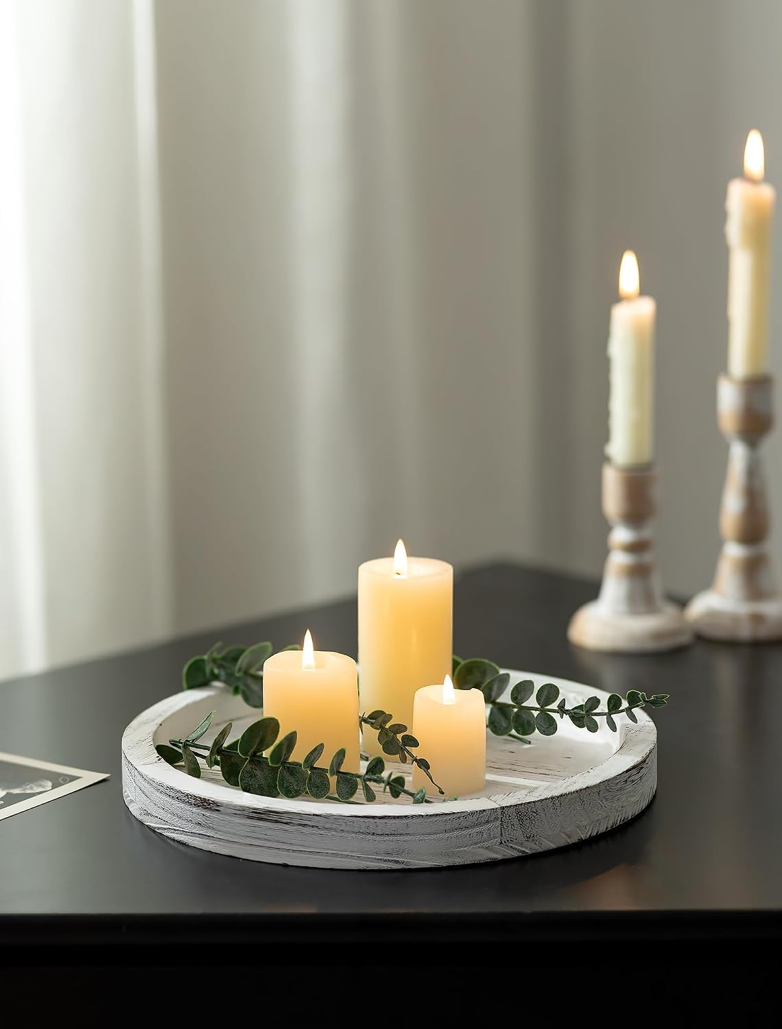 Hanobe Round Wood Candlestick Holder Trays for Table Centerpiece Fall Decor