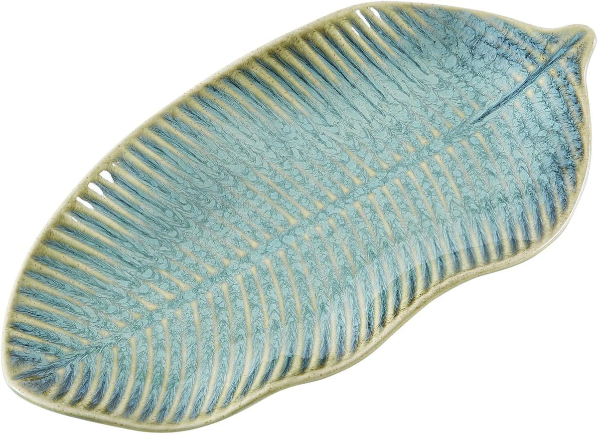 11" Green Ceramic Leaf Decorative Tray, Reactive Glaze Stoneware