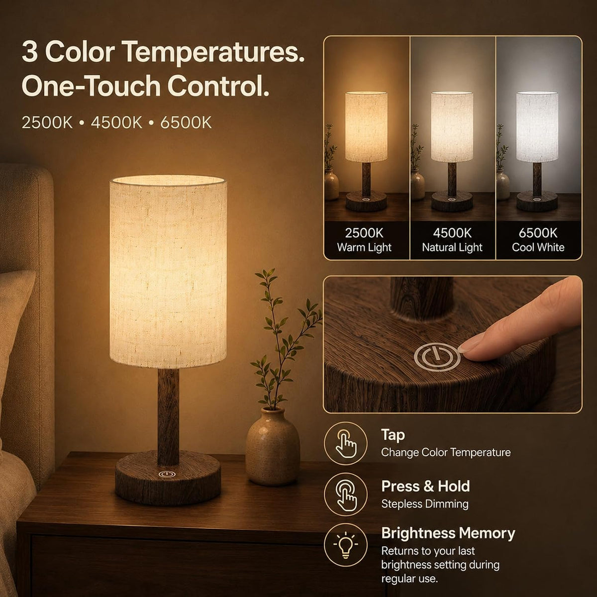 Small Rechargeable Cordless Table Lamp, Nightstand to Desk, Dark Walnut