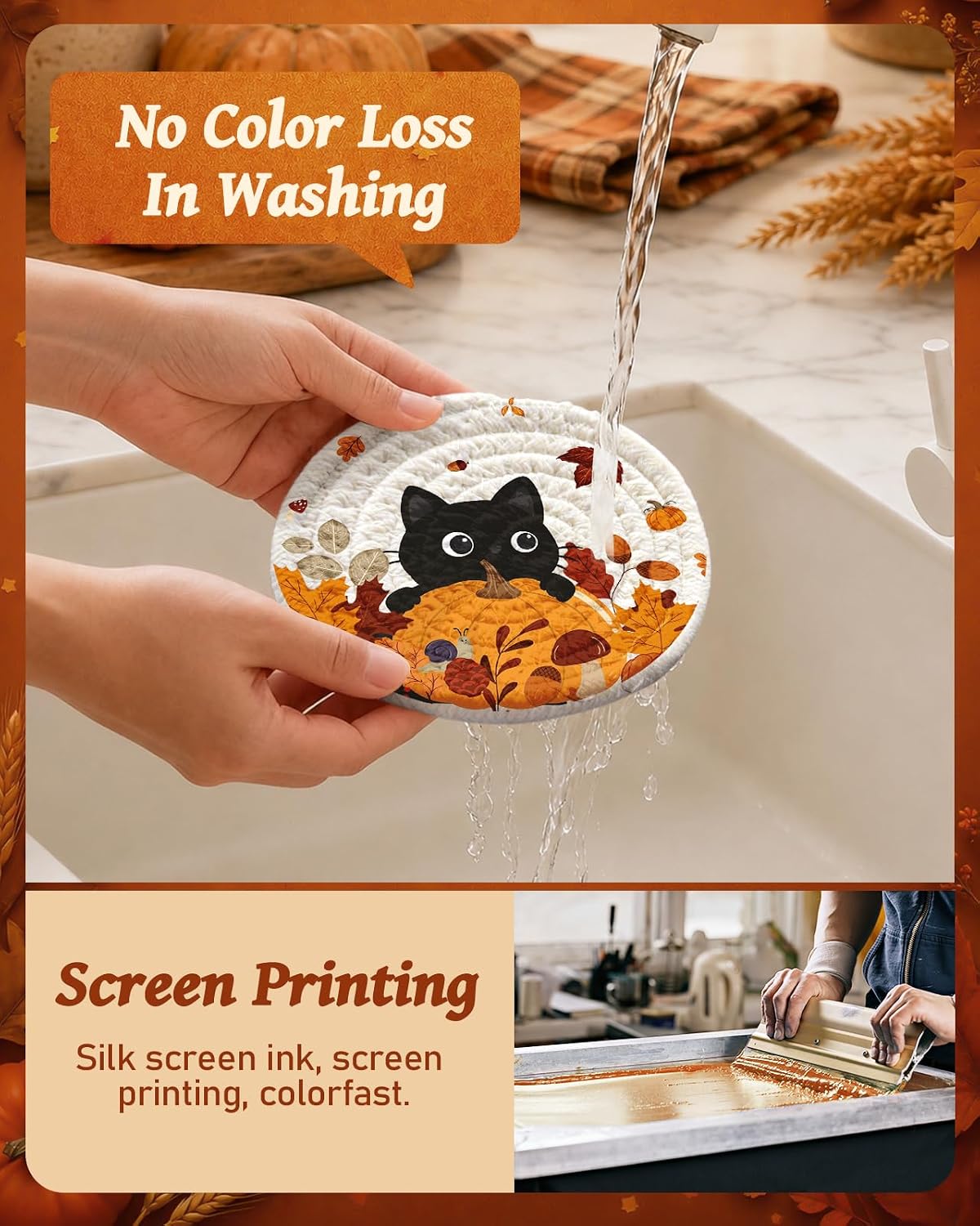 4Pcs Braided Cotton Fall Coasters with Holder, Cat & Pumpkin Decor