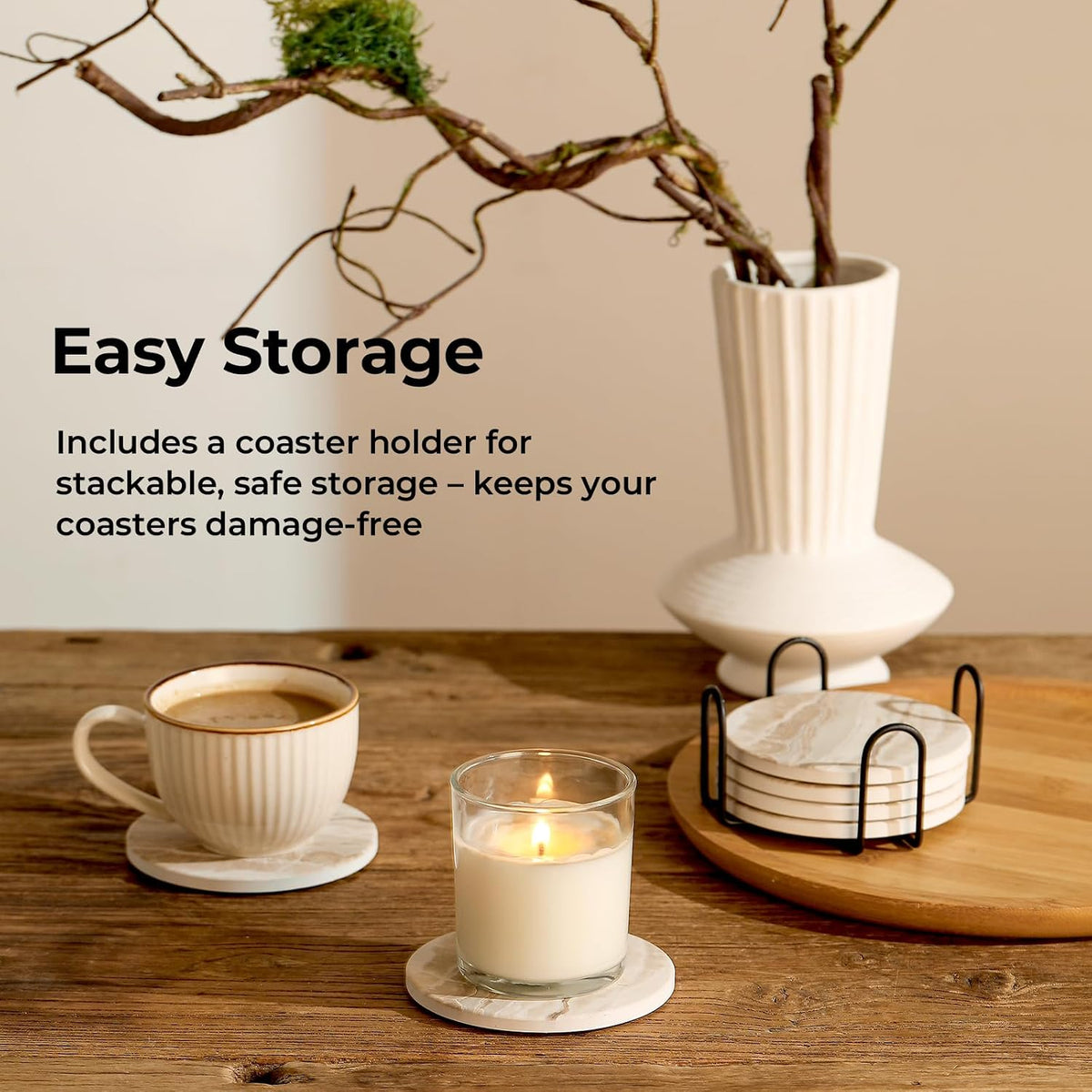 LIFVER Absorbent Coaster Sets of 4, Drink Coasters with Holder, Marble Style Ceramic Drink Coaster for Tabletop Protection, Suitable for Kinds of Cups, Wooden Table, Cool Home Decor, 4 Inches