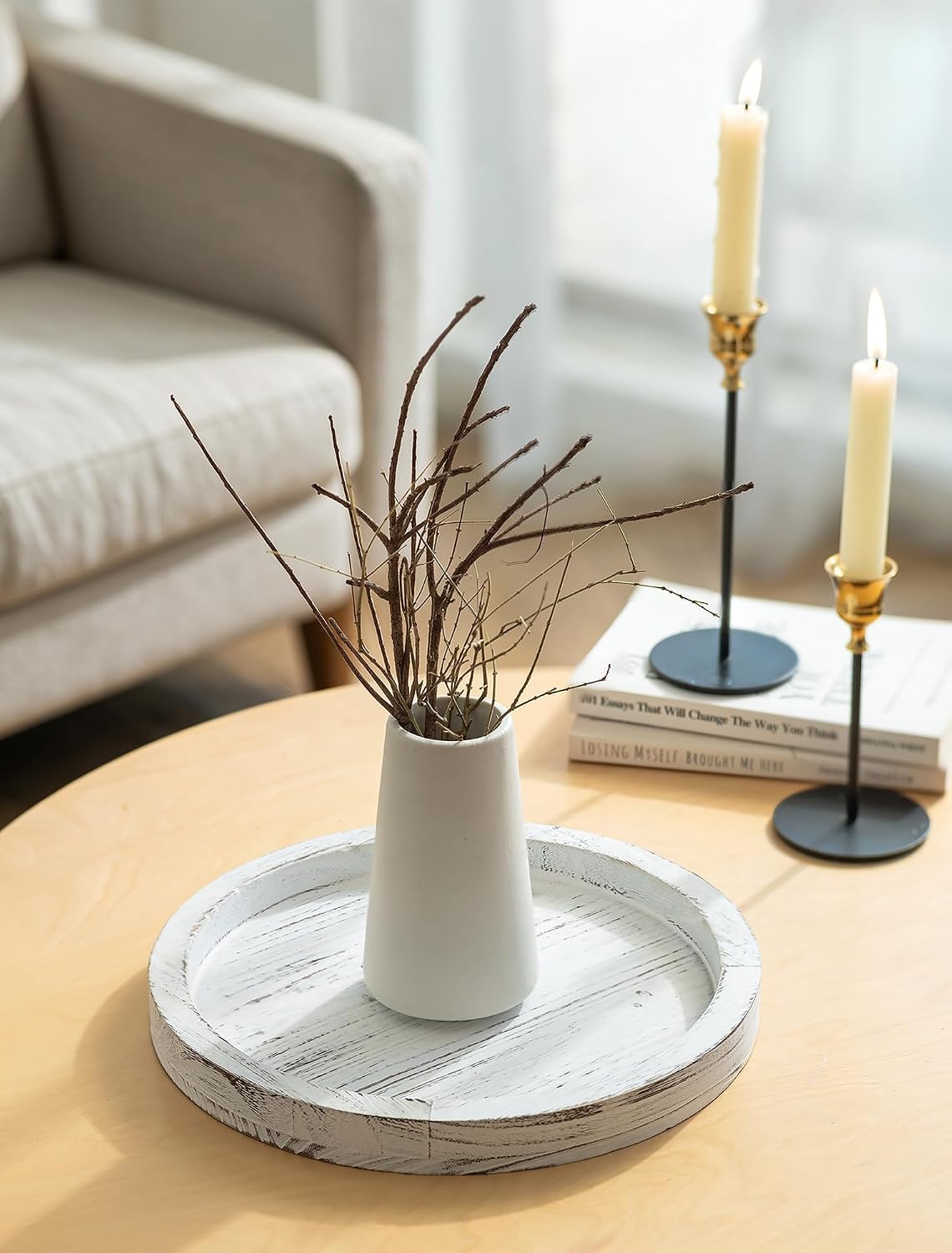 Hanobe Round Wood Candlestick Holder Trays for Table Centerpiece Fall Decor