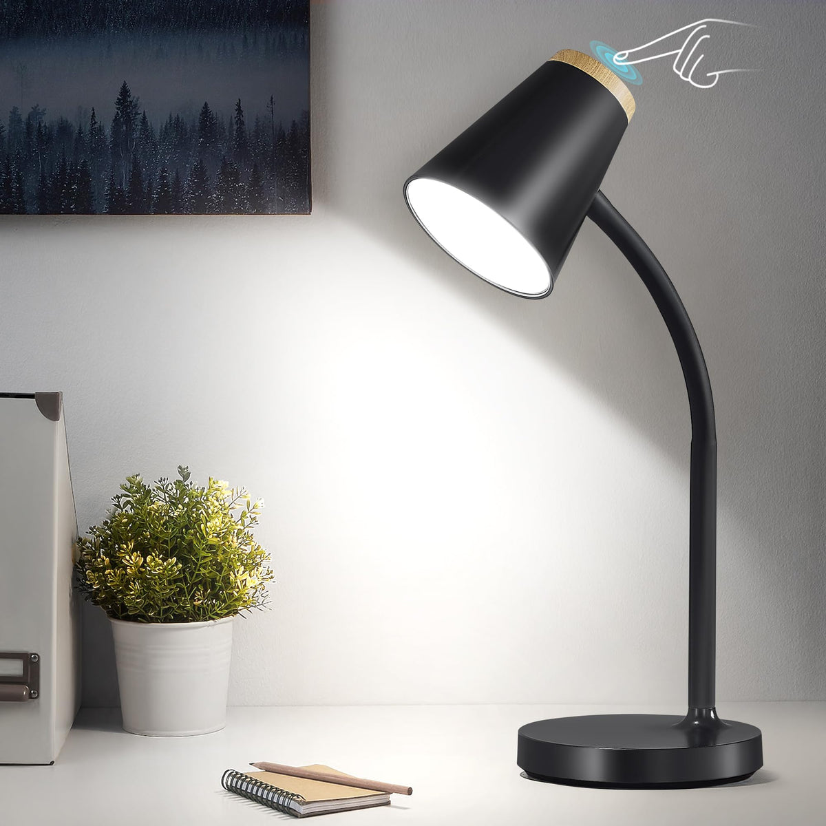 EJIAXIN Desk Lamp for College Dorm Room - Small LED Desk Lamp Touch Dimmable Reading Light for Home Office - Adjustable Flexible Gooseneck Table Lamp for Bedside Bedroom Nightstand White