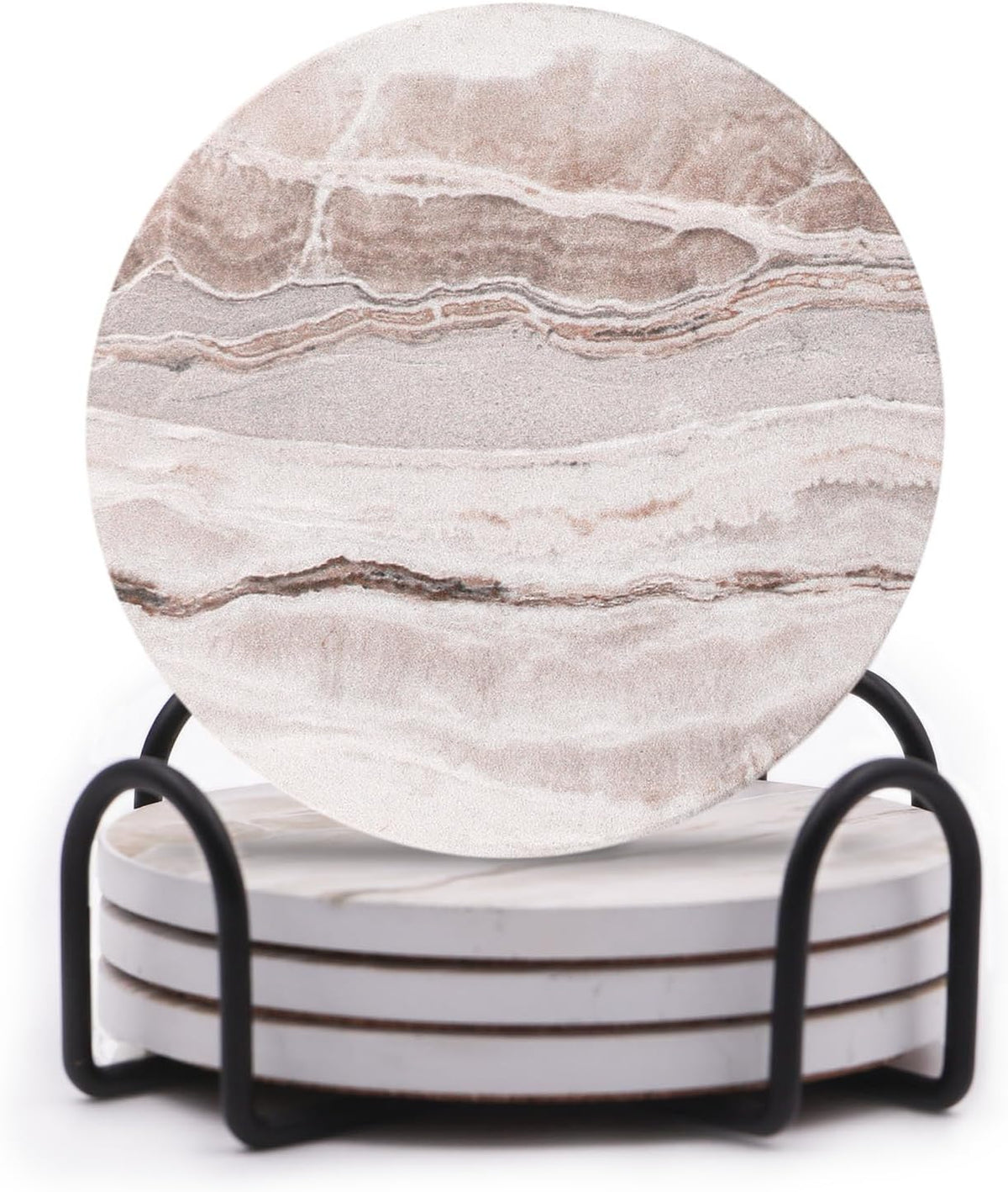 LIFVER Absorbent Coaster Sets of 4, Drink Coasters with Holder, Marble Style Ceramic Drink Coaster for Tabletop Protection, Suitable for Kinds of Cups, Wooden Table, Cool Home Decor, 4 Inches