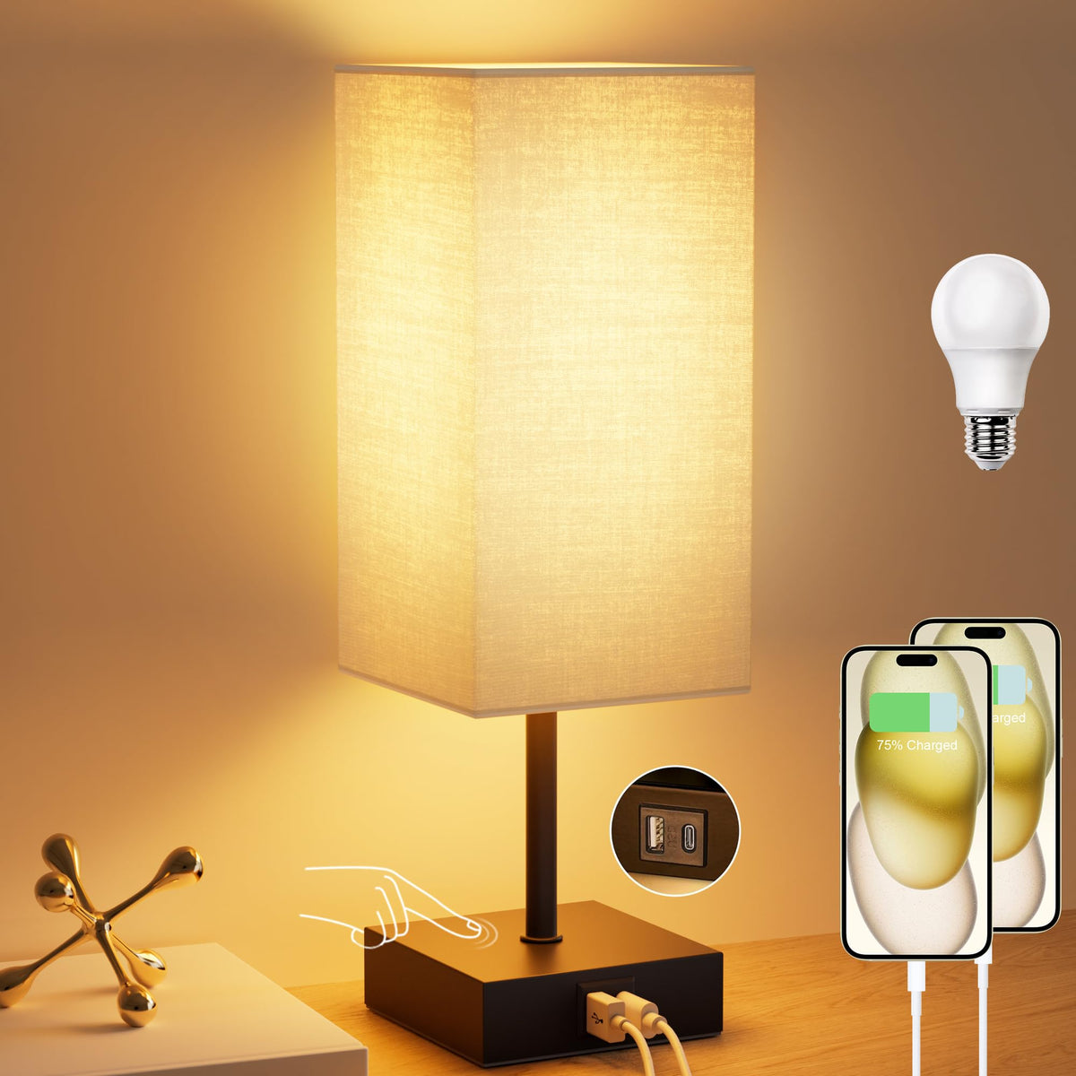 Bedside Table Lamp for Bedroom with 2 USB Ports, 14-Inch, Black