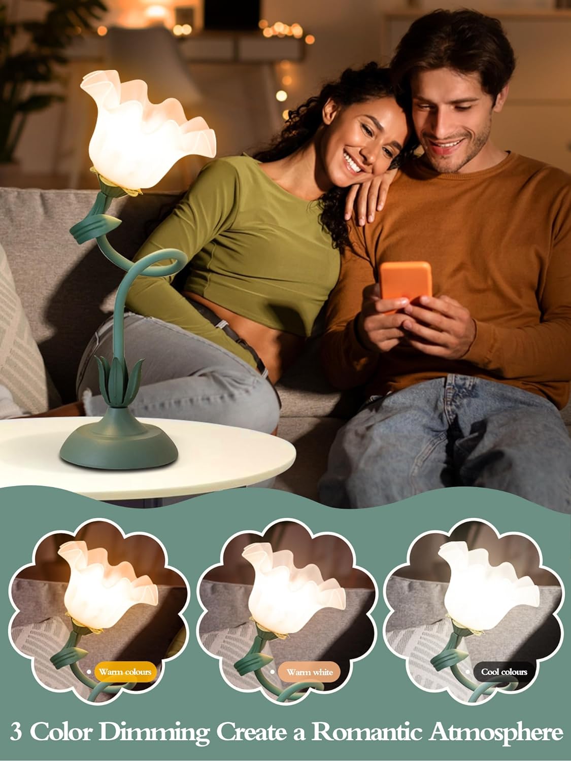 Flower Table Lamp, LED Reading Light Bedside Vintage Night Light (Green)