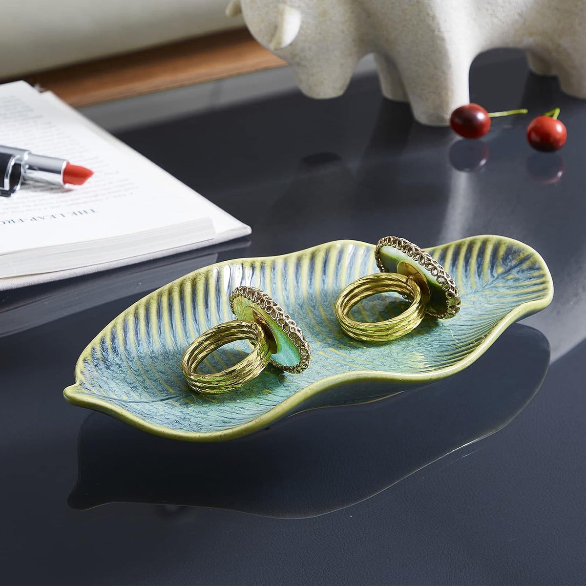 11" Green Ceramic Leaf Decorative Tray, Reactive Glaze Stoneware