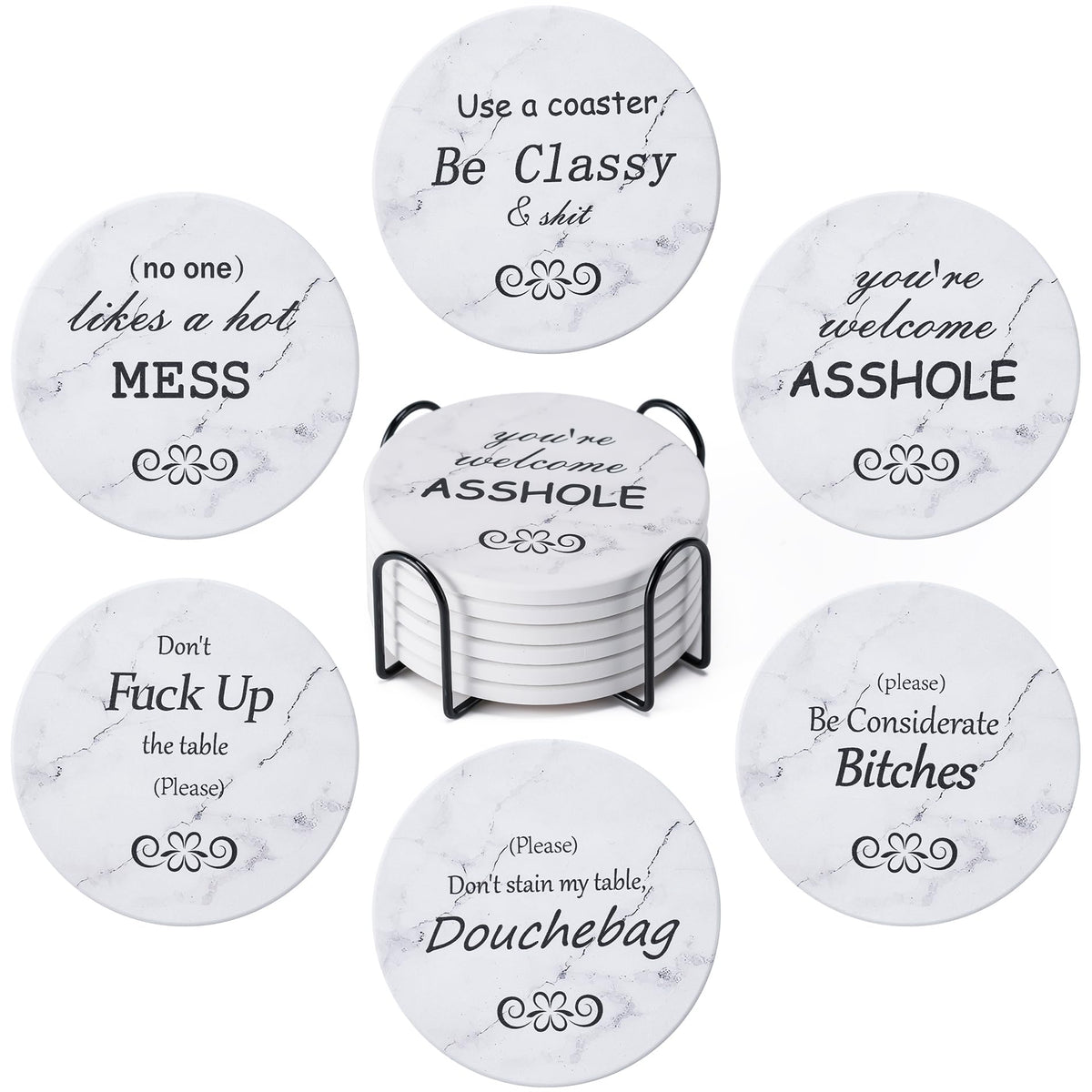 6Pcs Absorbent Coasters Set with Holder,Ceramic Drink Coaster,4 in(A1)