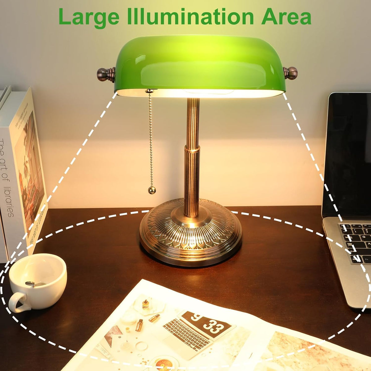 LINNMON Bankers Desk Lamp, Pull Chain Switch (Copper+Green)