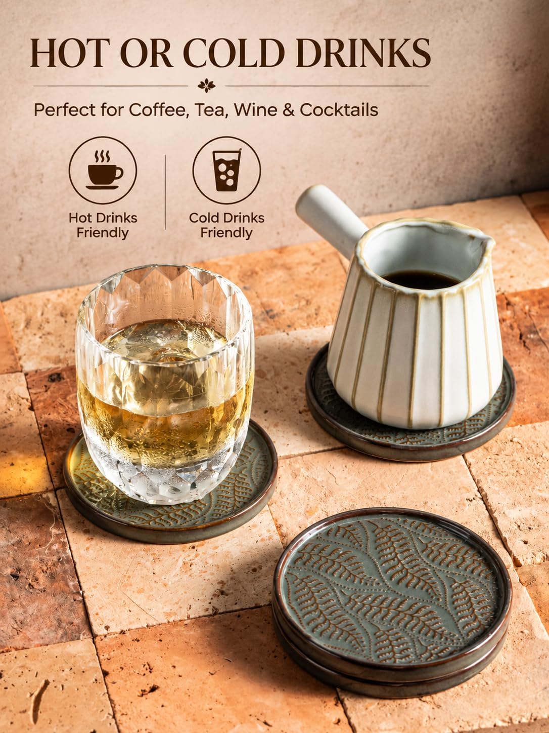 Drink Coasters, Ceramic Coasters for Drinks, 6 Pack, Green