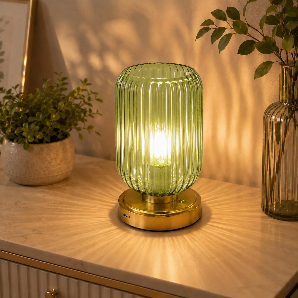 Cordless Glass Table Lamp, 3 Color Modes & Stepless Dimming, Amber