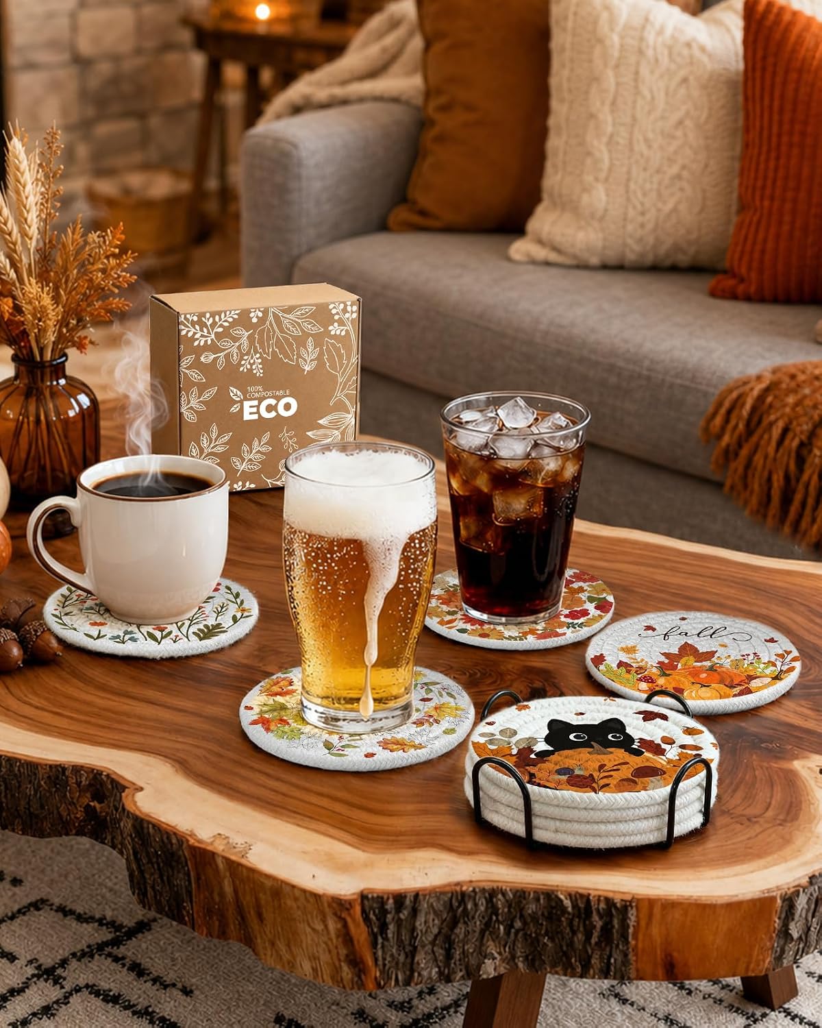 4Pcs Braided Cotton Fall Coasters with Holder, Cat & Pumpkin Decor