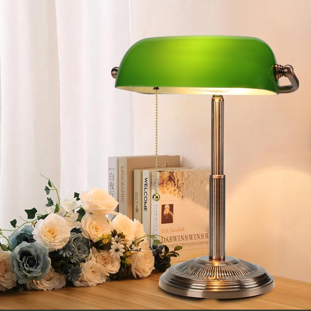 LINNMON Bankers Desk Lamp, Pull Chain Switch (Copper+Green)