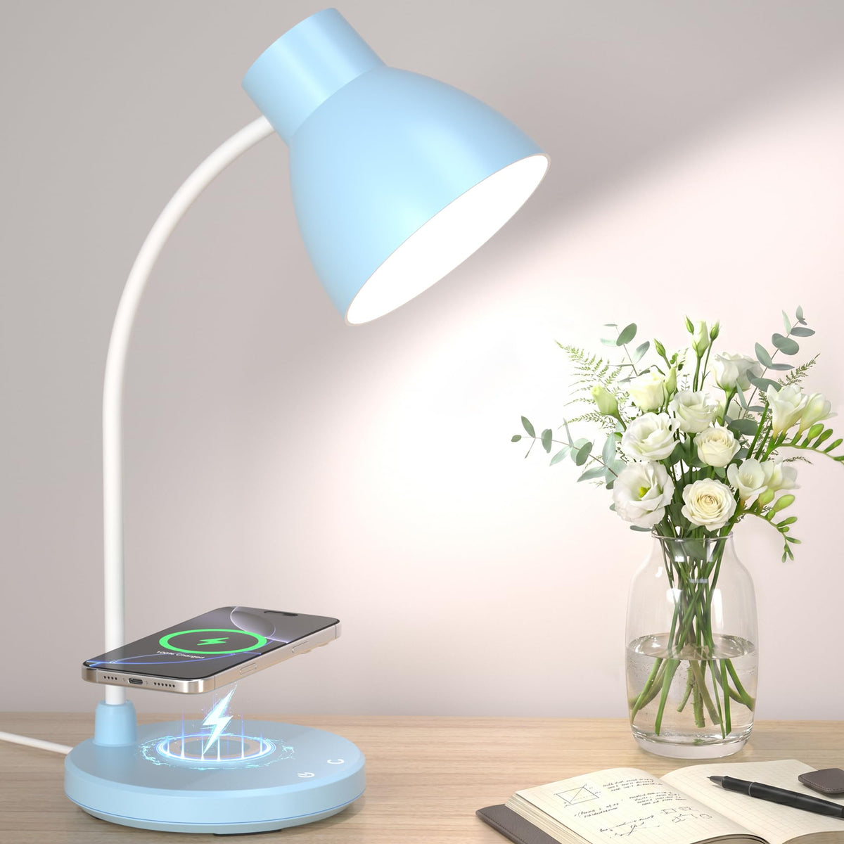 LED Desk Lamp for Home Office with Wireless Charger, Black