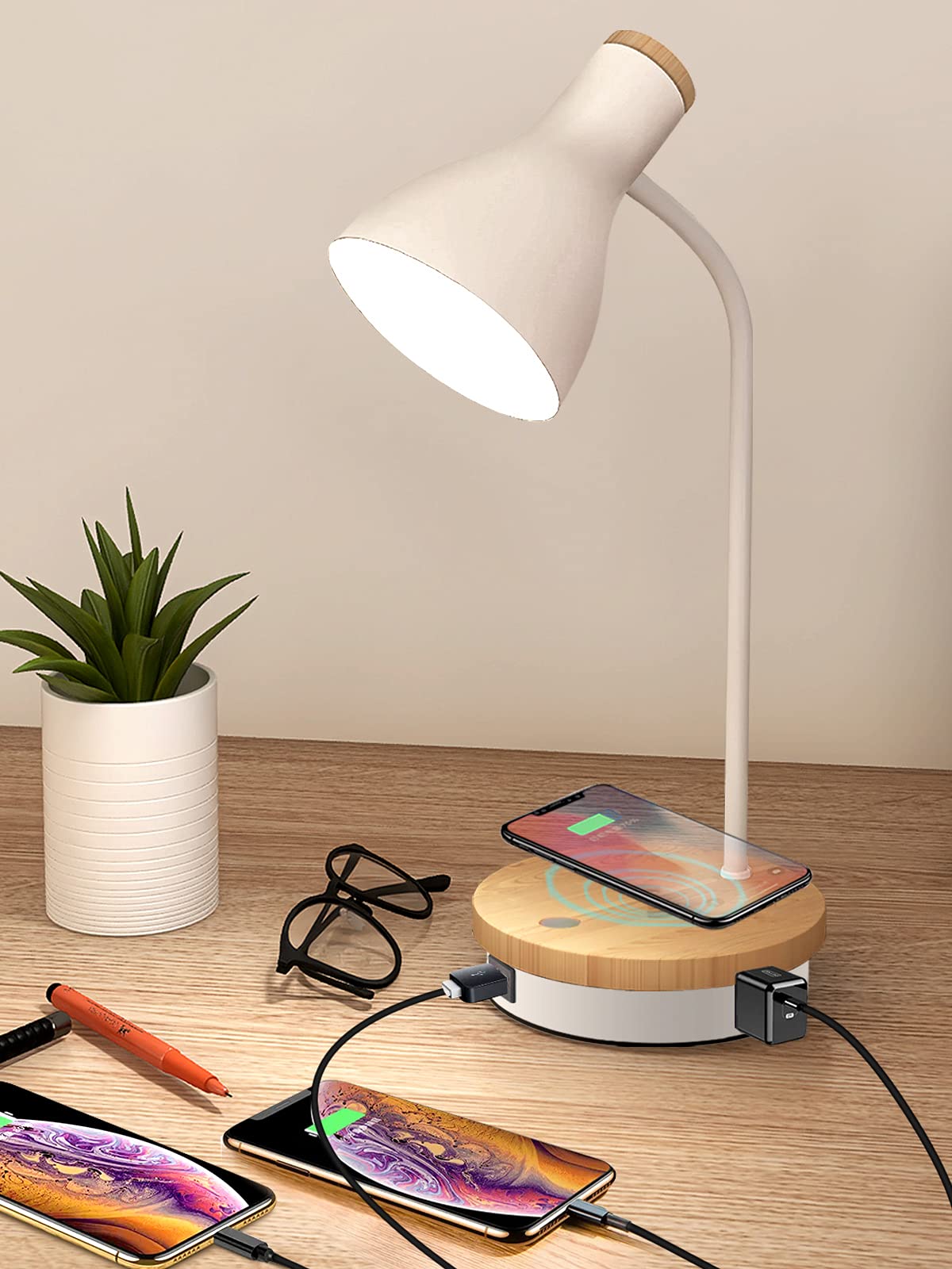 LALISU Metal Desk Lamp Table Lamp Reading Lights Arc Desk Lamps Wood Base