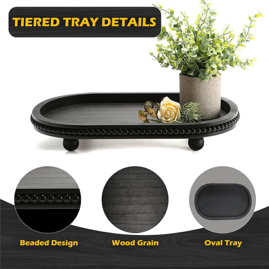 Wooden Decorative Tray for Coffee Table, Black Beaded Oval Tray Home Decor
