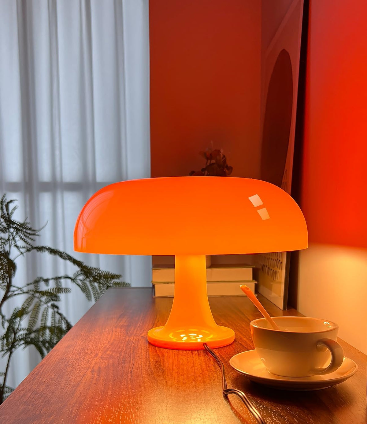 Orange Mushroom Lamp, Mid Century Modern Table Lamp for Bedroom, Minimalist Mushroom Decor Bedside Small Lamps, 2700K(Bulb Included, Plug Powered)