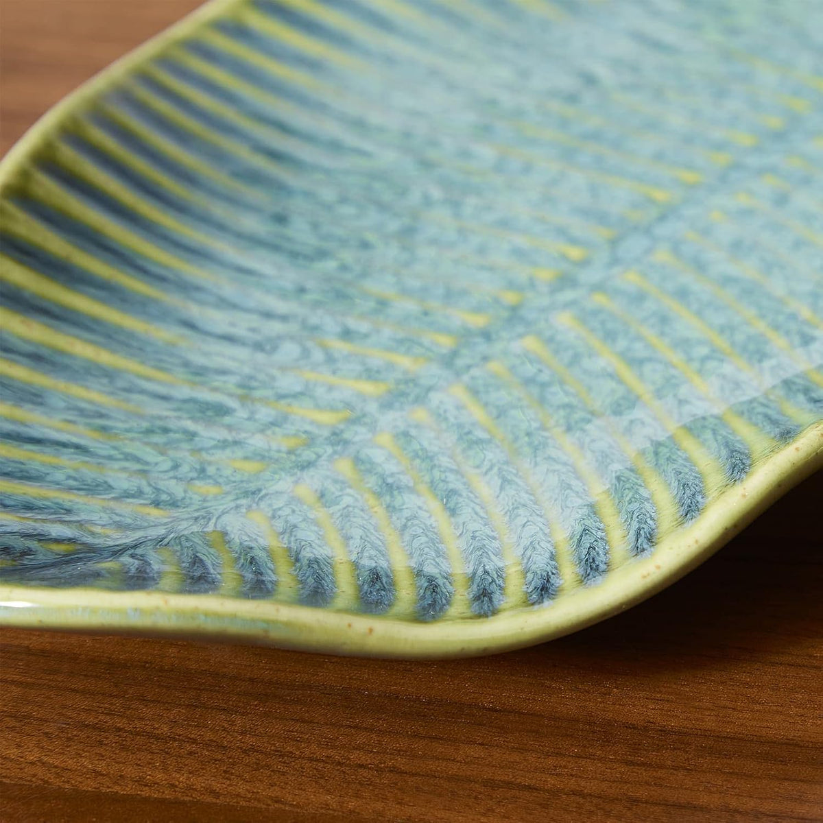11" Green Ceramic Leaf Decorative Tray, Reactive Glaze Stoneware