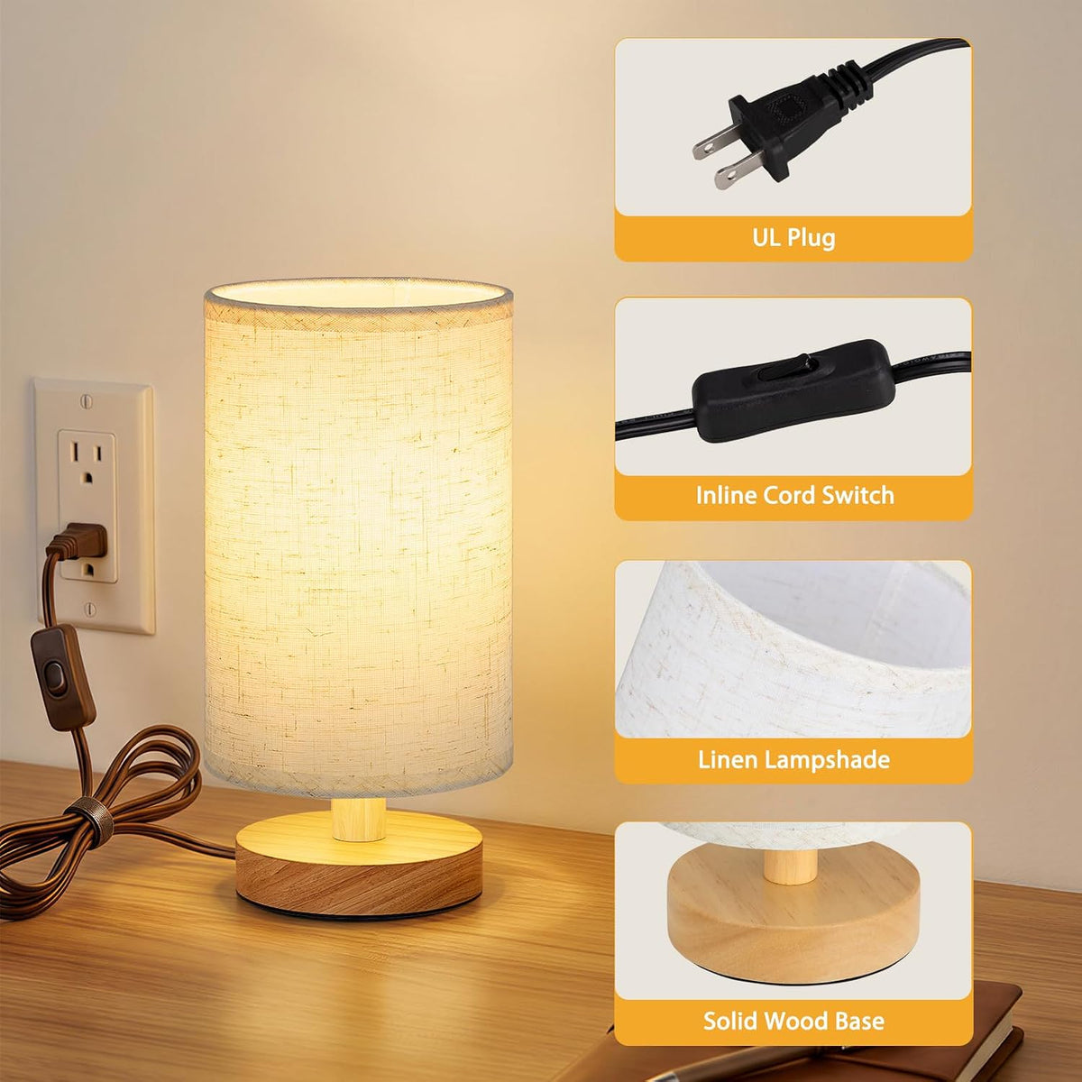 Fenmzee 8.5" Small Table Lamp for Bedroom - Inline Switch Bedside Lamp