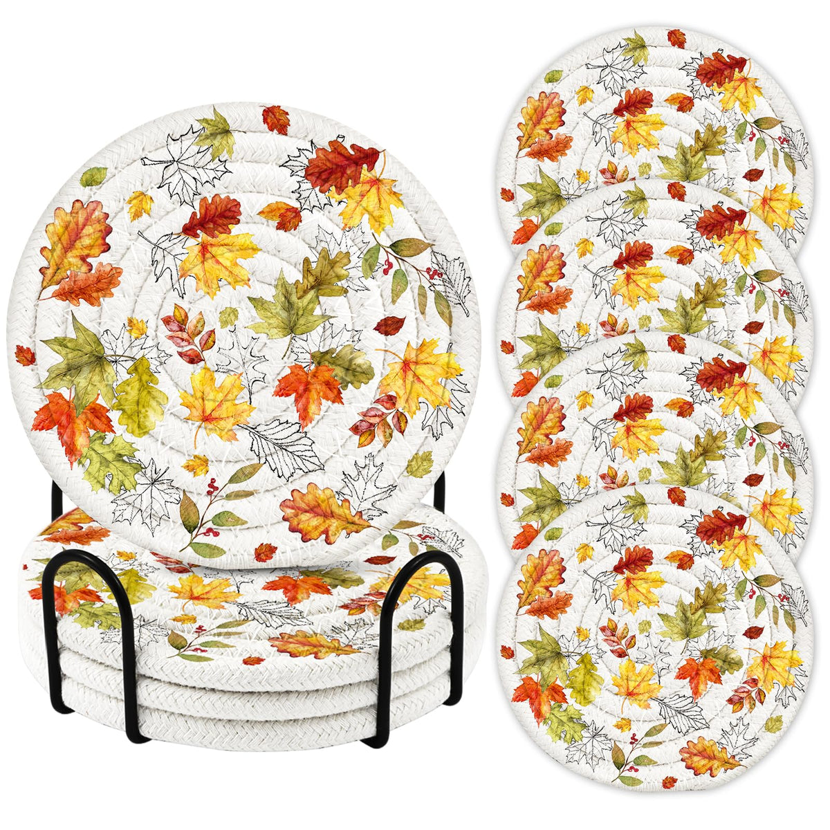 4Pcs Braided Cotton Fall Coasters with Holder, Cat & Pumpkin Decor