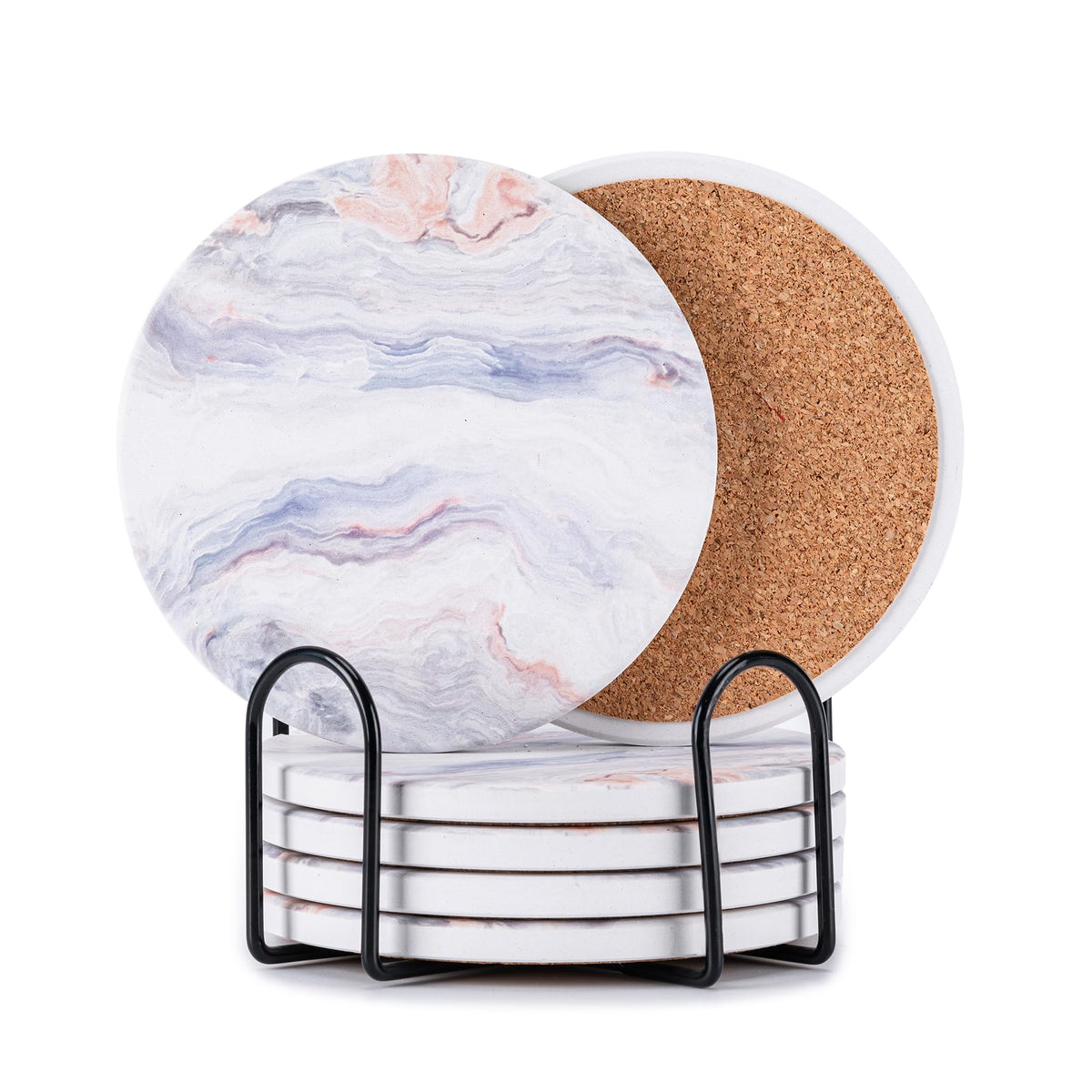 6Pcs Absorbent Coasters Set with Holder,Ceramic Drink Coaster,4 in(A1)